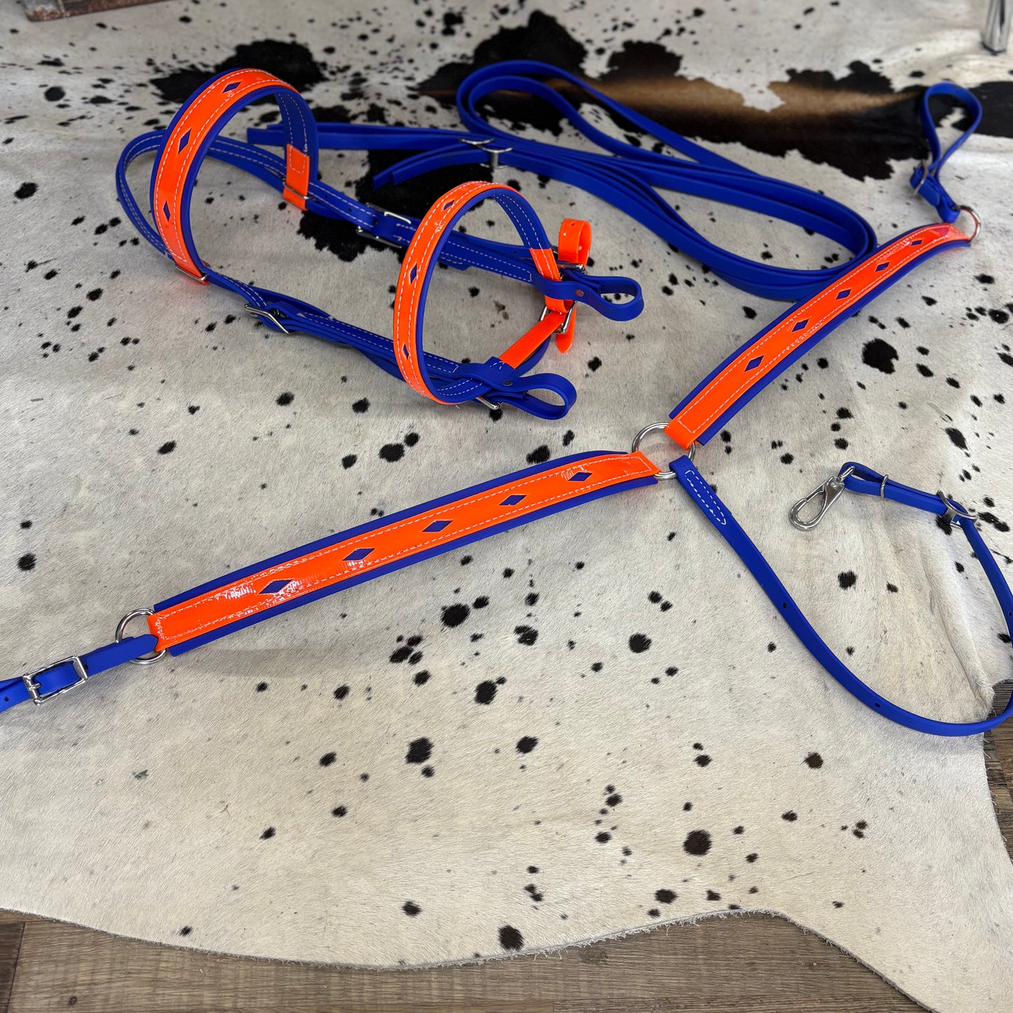 Amish Crafted Biothane Orange & Blue Diamond Inlay Bridle w/ Matching 3 point Breast Collar