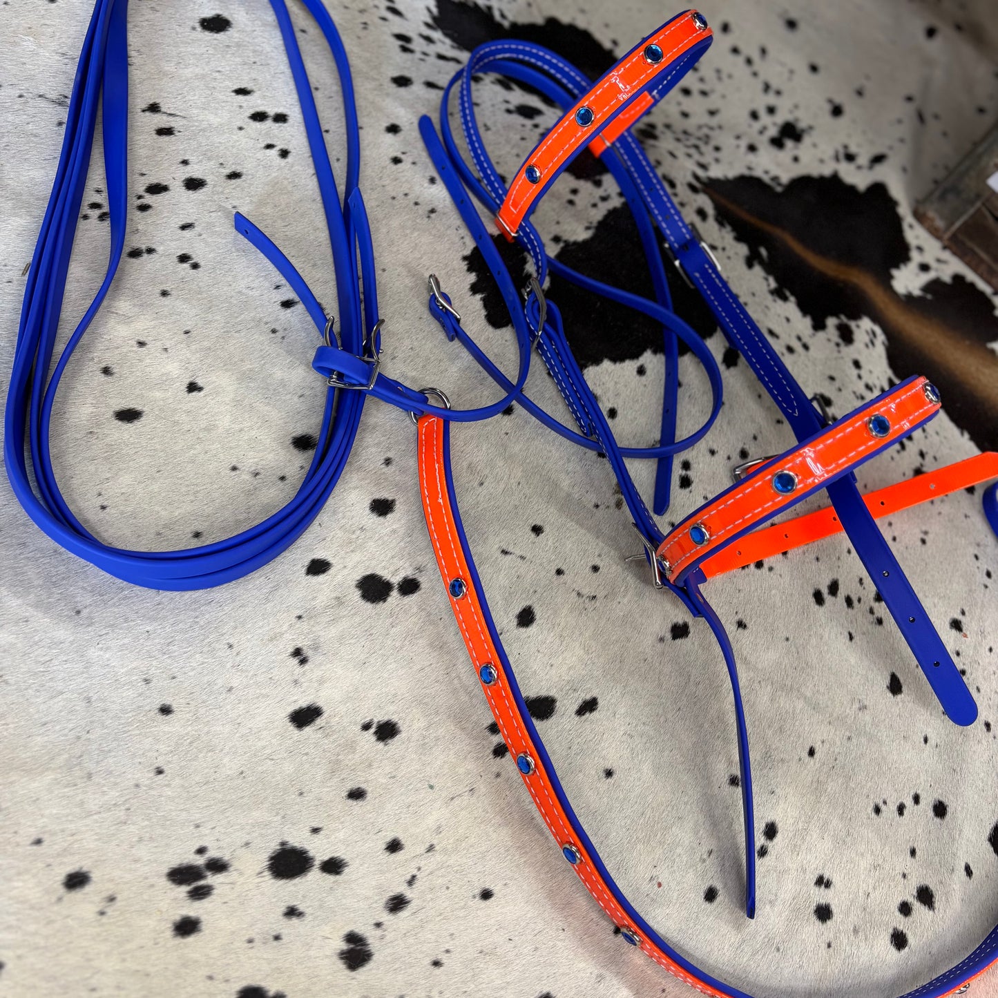 Amish Crafted Blue & Orange Bedazzled w/ Blue Diamonds Bridle Set w/ Matching Strait Breast Biothane Collar & Reins