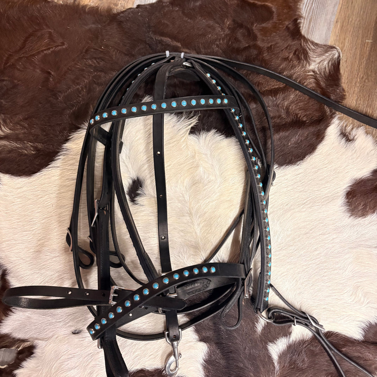 Black Leather Bridle Set w/ Turquoise Silver Studs Complete w/ Matching 3 Point Breast Collar & Reins