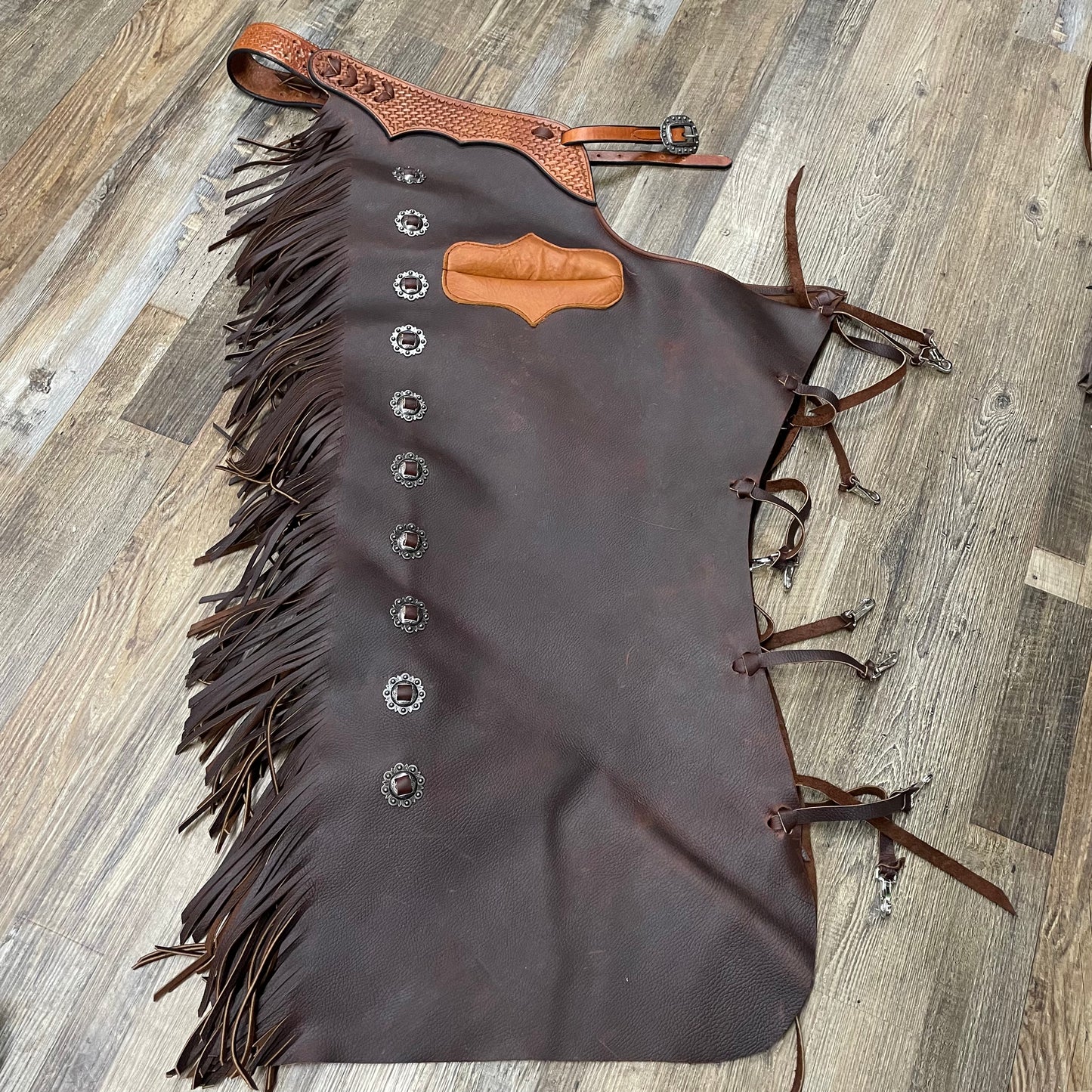 Chinks Amish Custom Leather Tooled Basket Weave With Antique Silver Conchos & Interior Pocket