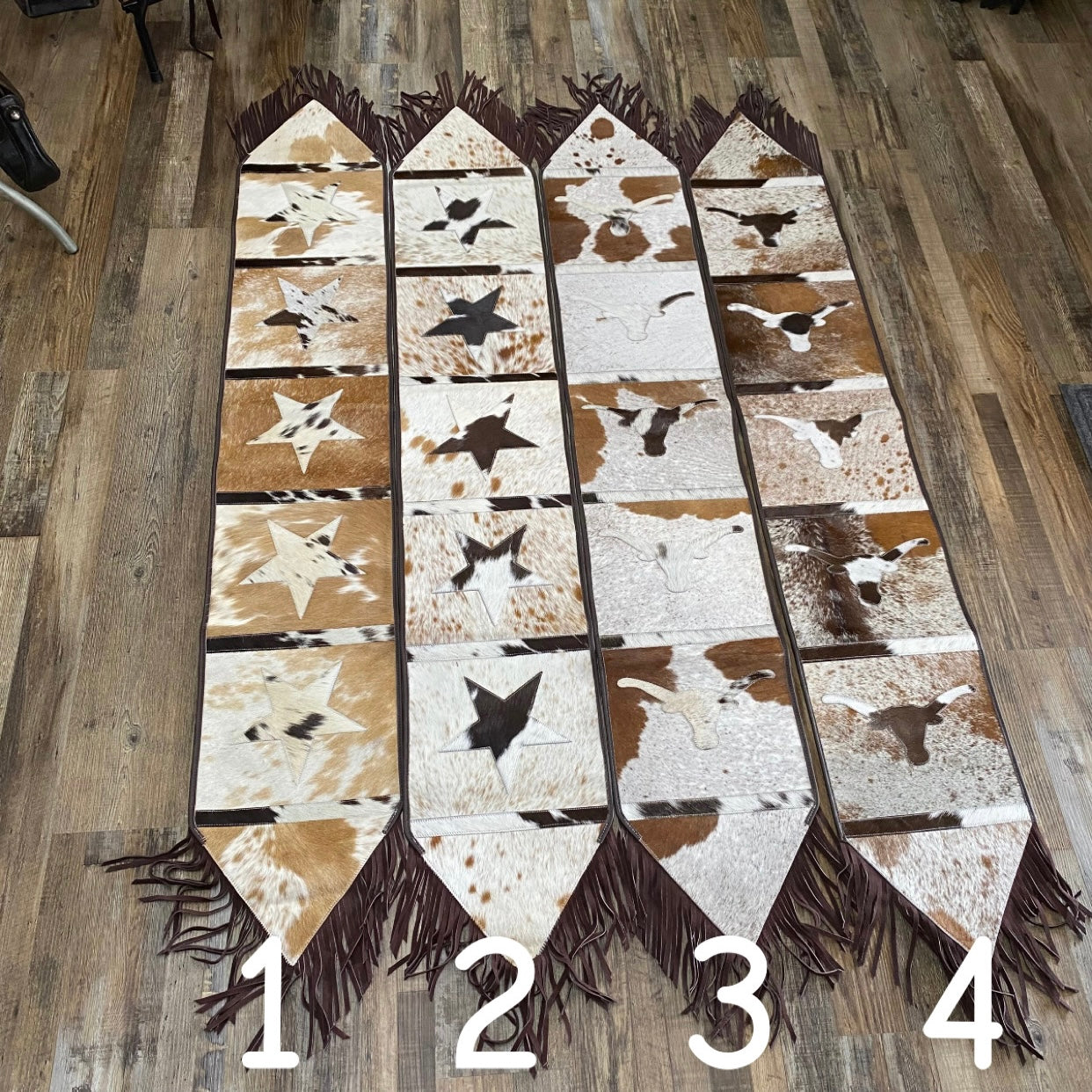 Amish Crafted Cowhide Patchwork Embellish Table Runners w/ Star or Cow Skull Design
