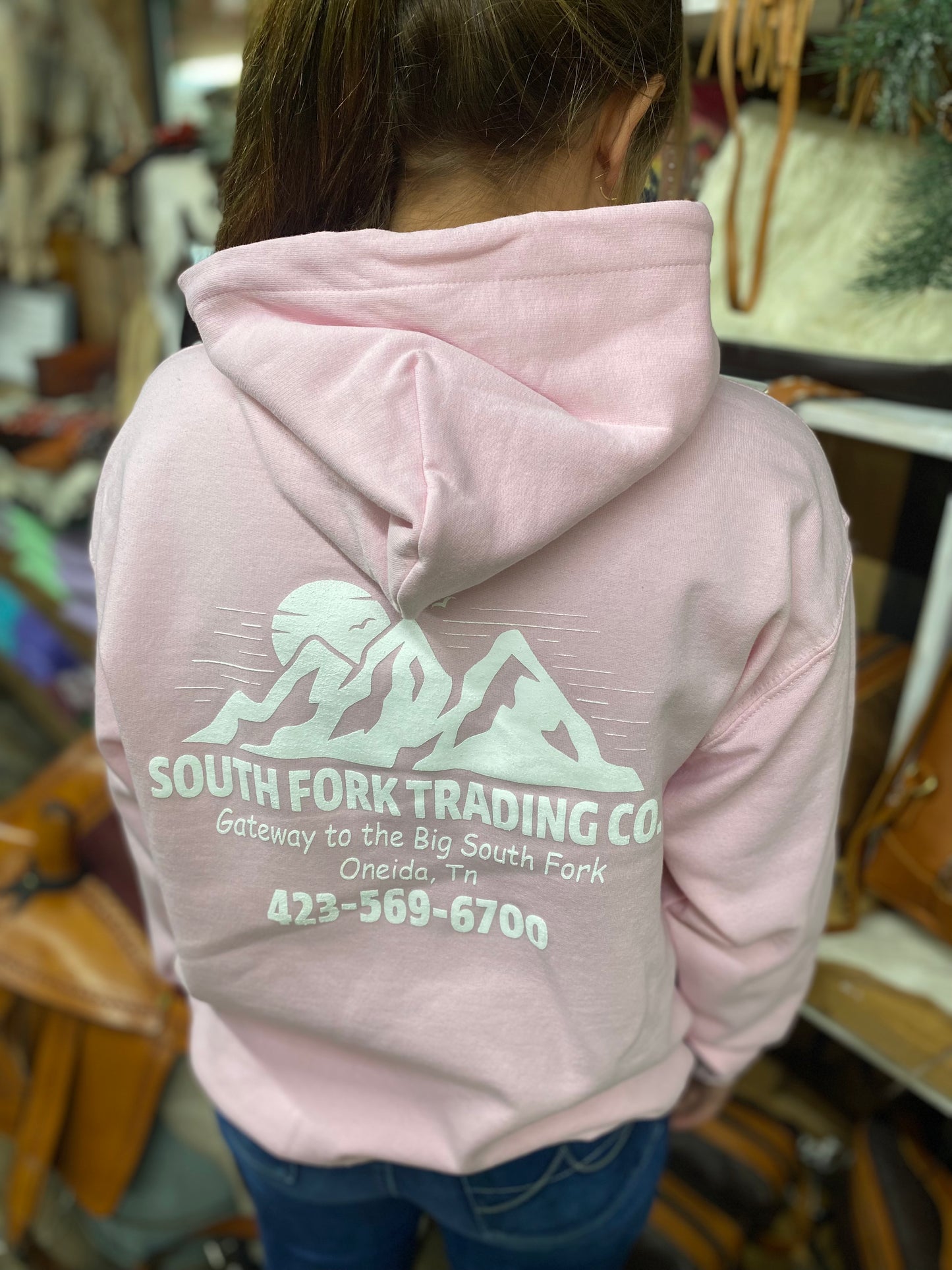 New Powder Pink & White Print Hoodie South Fork Trading Co - Adult Unisex Hoodie w/ Detailed Sleeve