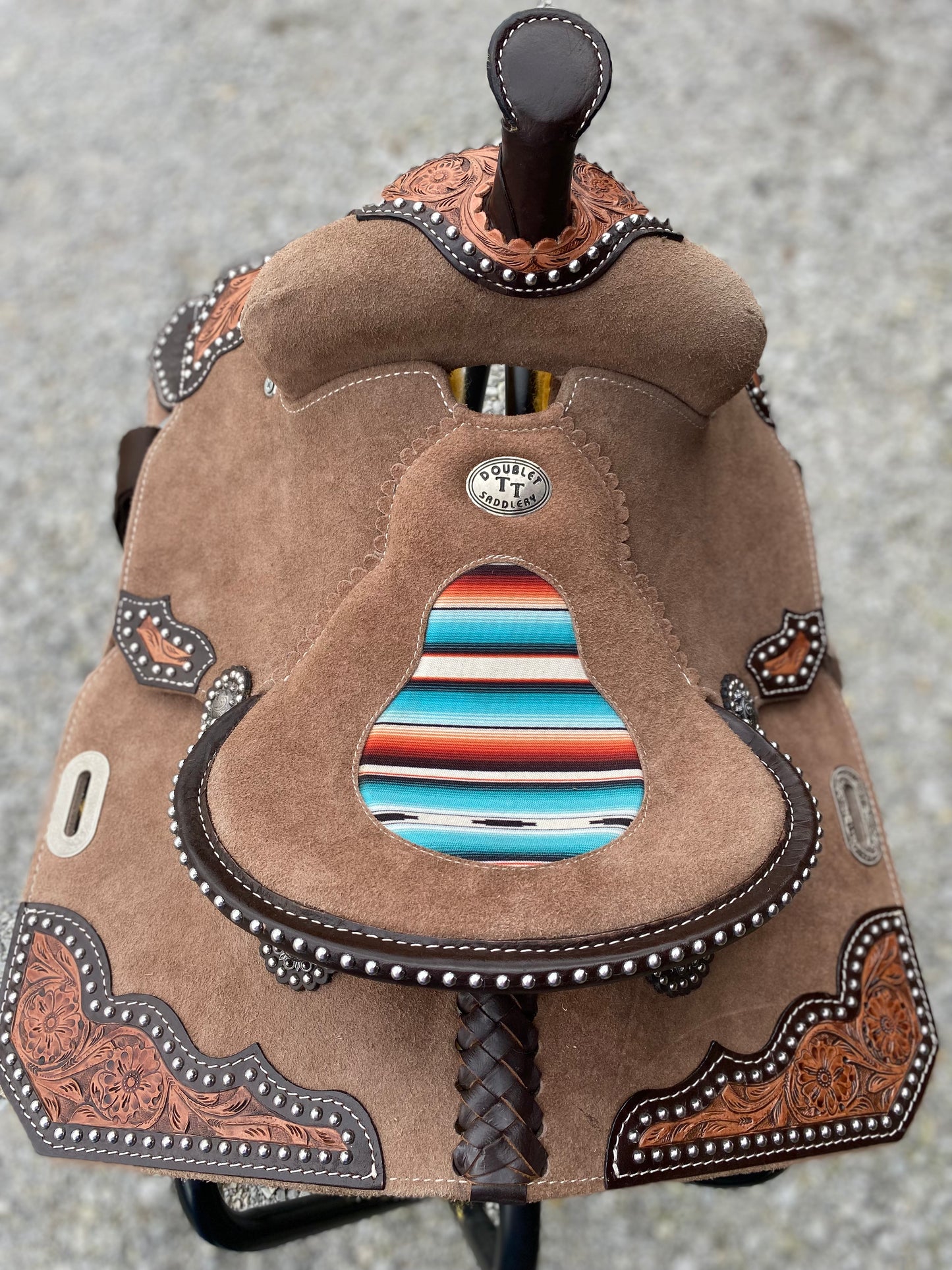 NEW DOUBLE T YOUTH 12” Rough Out Barrel Style Saddle w/ Western Southwest Serape Printed Inlay