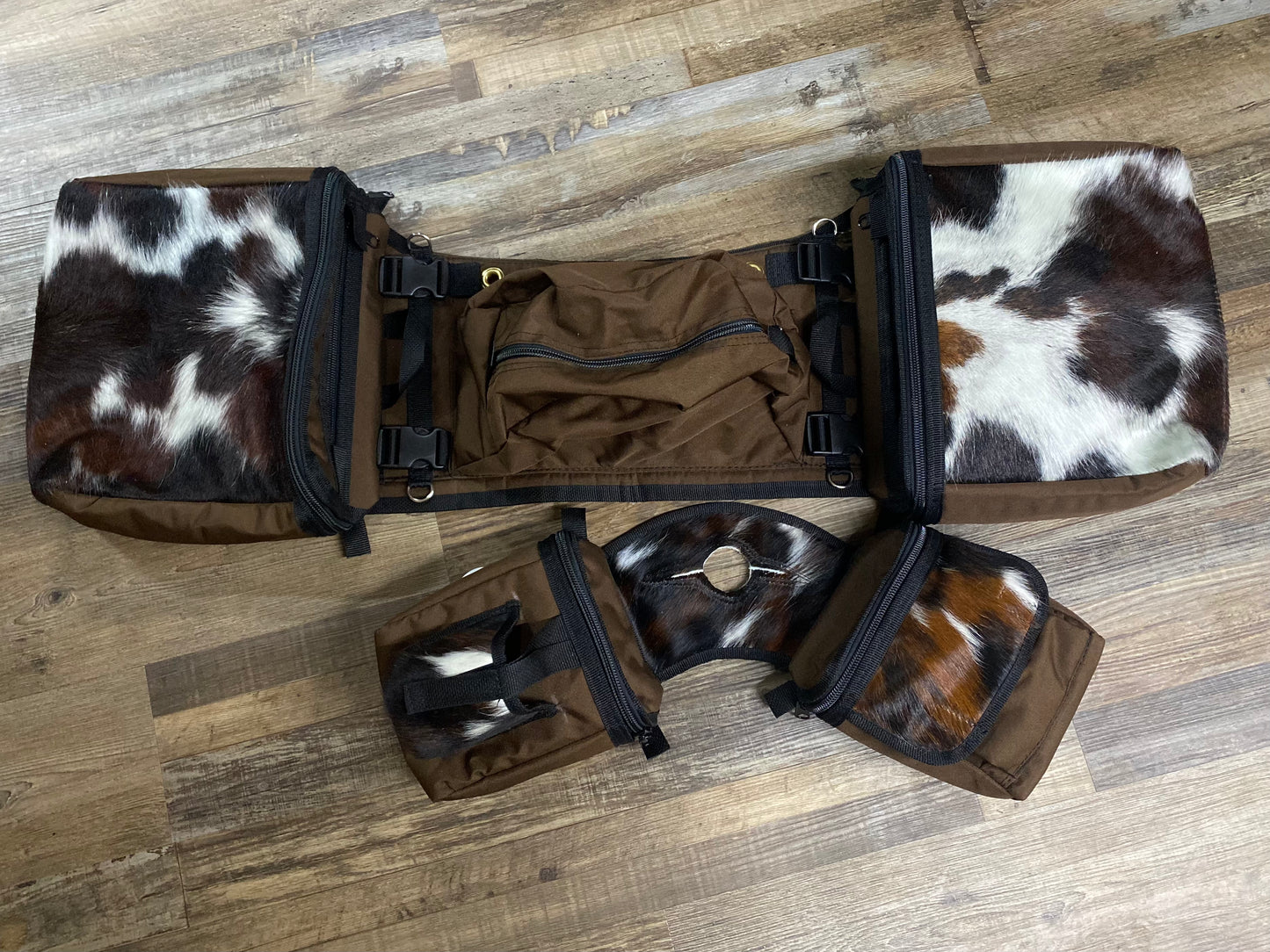 Amish Made Brown Real COWHIDE Detachable Saddle Bags & Matching Horn Bags Set