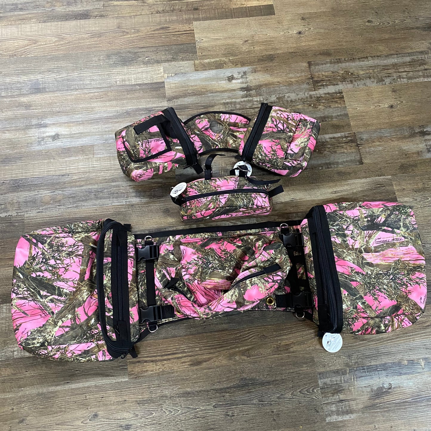 3 Piece Set Amish Made PINK CAMO Detachable Saddle Bags, Horn Bags w/ Drink Holder & Pommel Bag