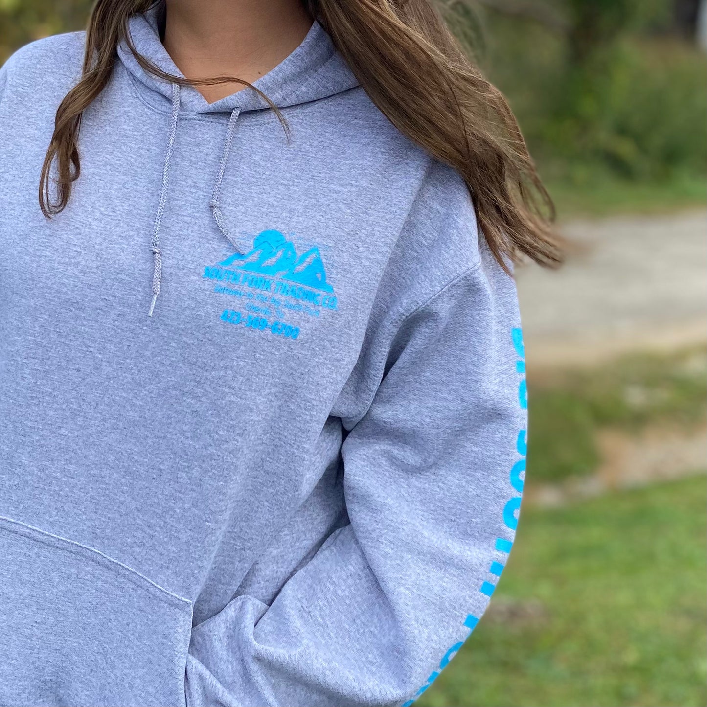 NEW Light Gray & Sky Blue South Fork Trading Co - Adult Unisex Hoodie w/ Detailed Sleeve