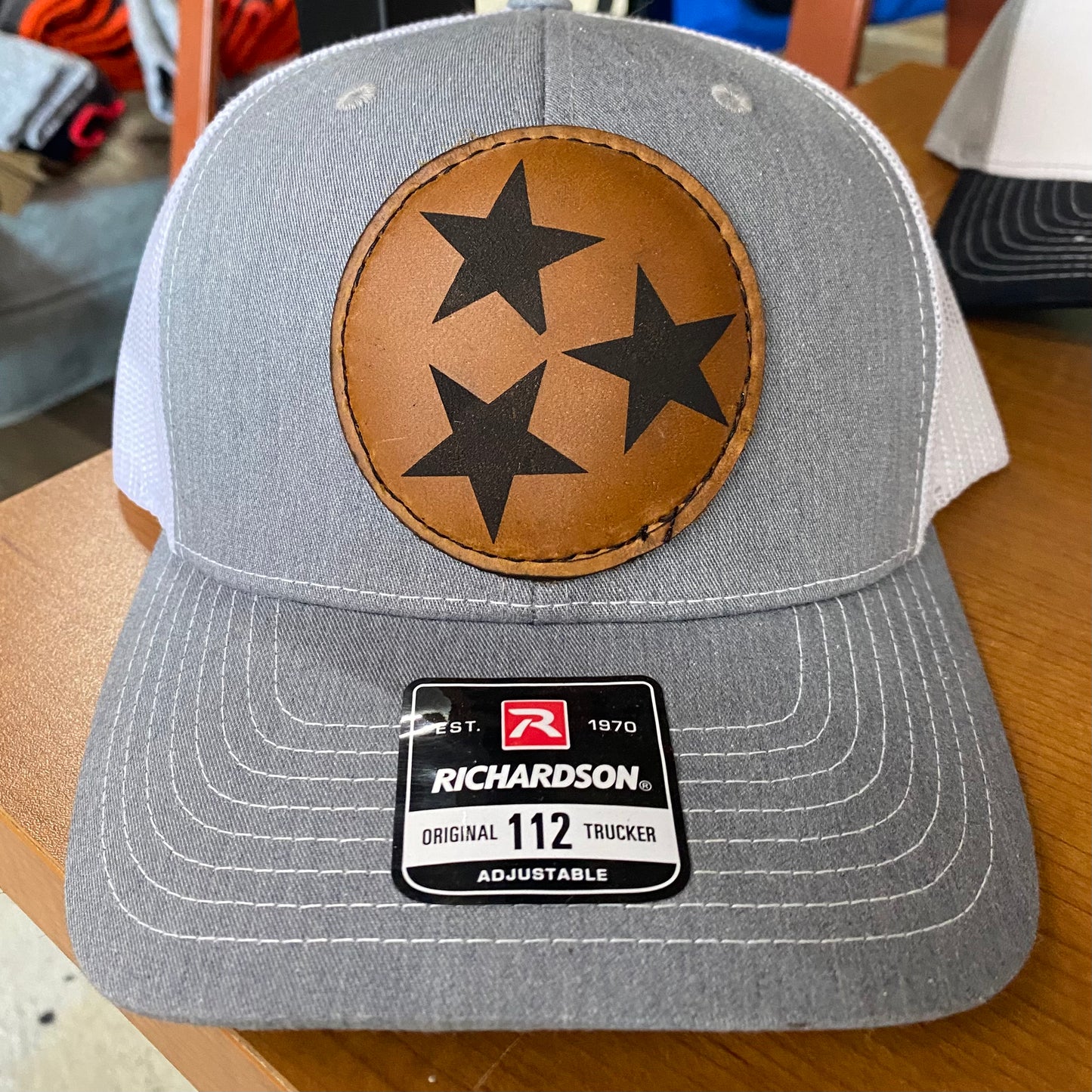 Gray & White Tennessee Stars Leather Middle Patch Trucker Hat
