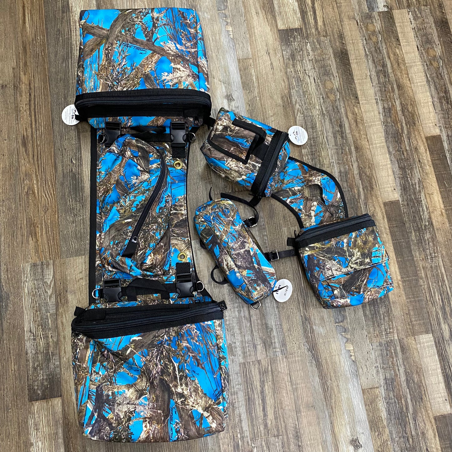3 Piece Set Amish Made Blue Camo Detachable Saddle Bags, Horn Bags w/ Drink Holder & Pommel Bag