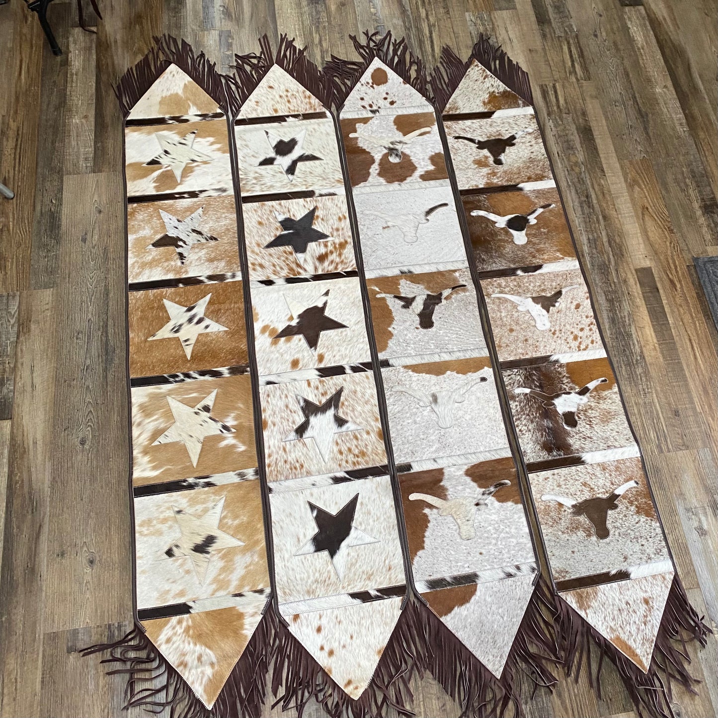 Amish Crafted Cowhide Patchwork Embellish Table Runners w/ Star or Cow Skull Design