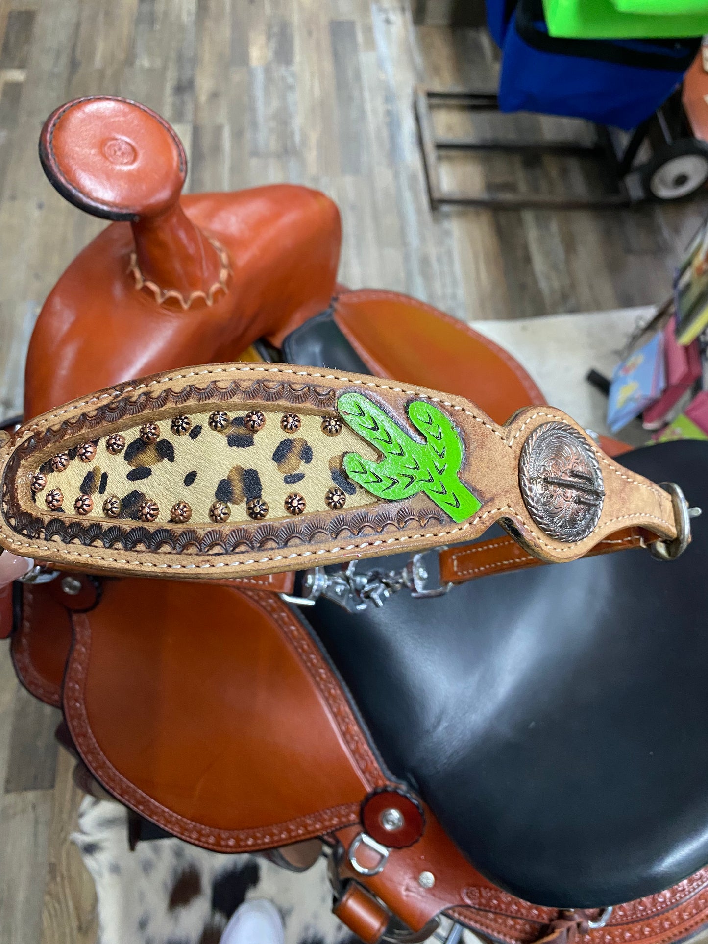 Western Cheetah Cowhide & Leather Wither Strap w/ Cactus Conchos