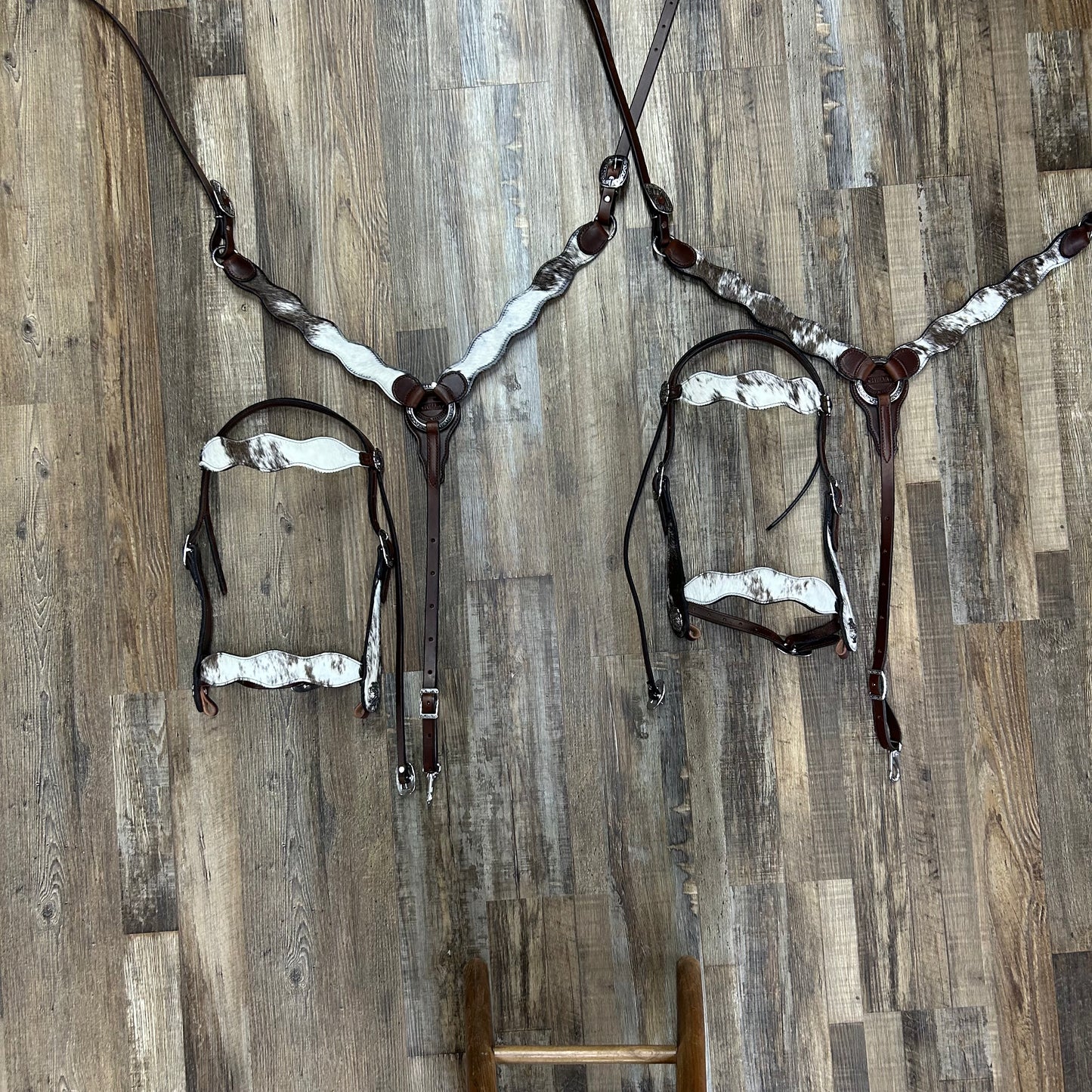COWHIDE Speckled (Sidekick Hide) Schwartz Brown Leather Wavy Bridle & Matching Breast Collar W/ Silver Stainless Steel Hardware Amish Crafted