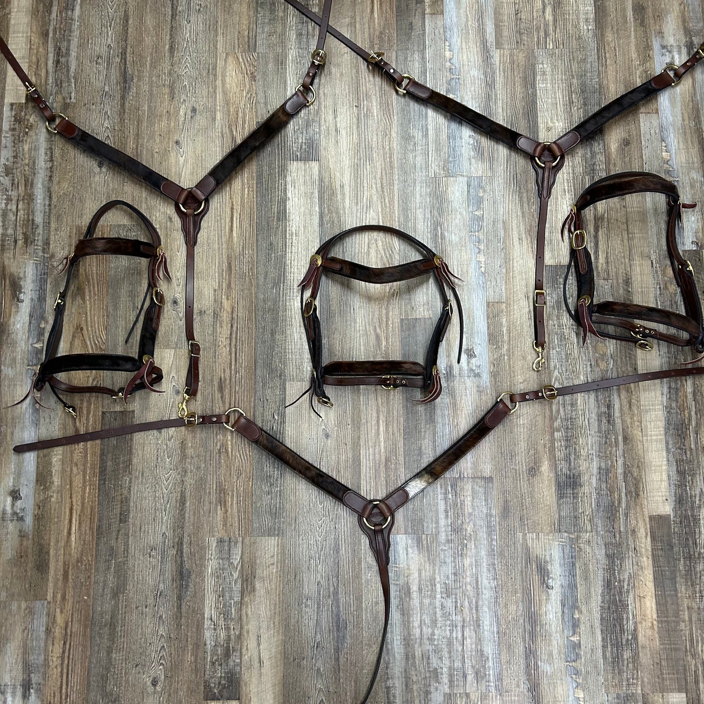COWHIDE (Badlands Hide) Schwartz Brown Leather Straight Bridle & Matching Breast Collar W/ Brass Coated Hardware Amish Crafted