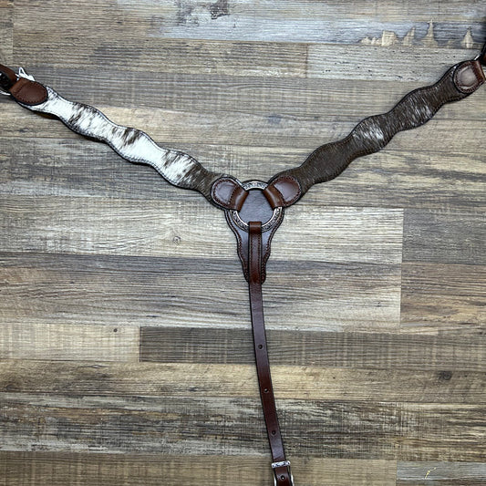 COWHIDE White Light & Brown  Half & Half Schwartz Dark Brown Leather Breast Collar W/ Silver Stainless Steel Hardware