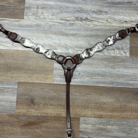COWHIDE White Light Brown Schwartz Dark Brown Leather Breast Collar W/ Silver Stainless Steak Hardware