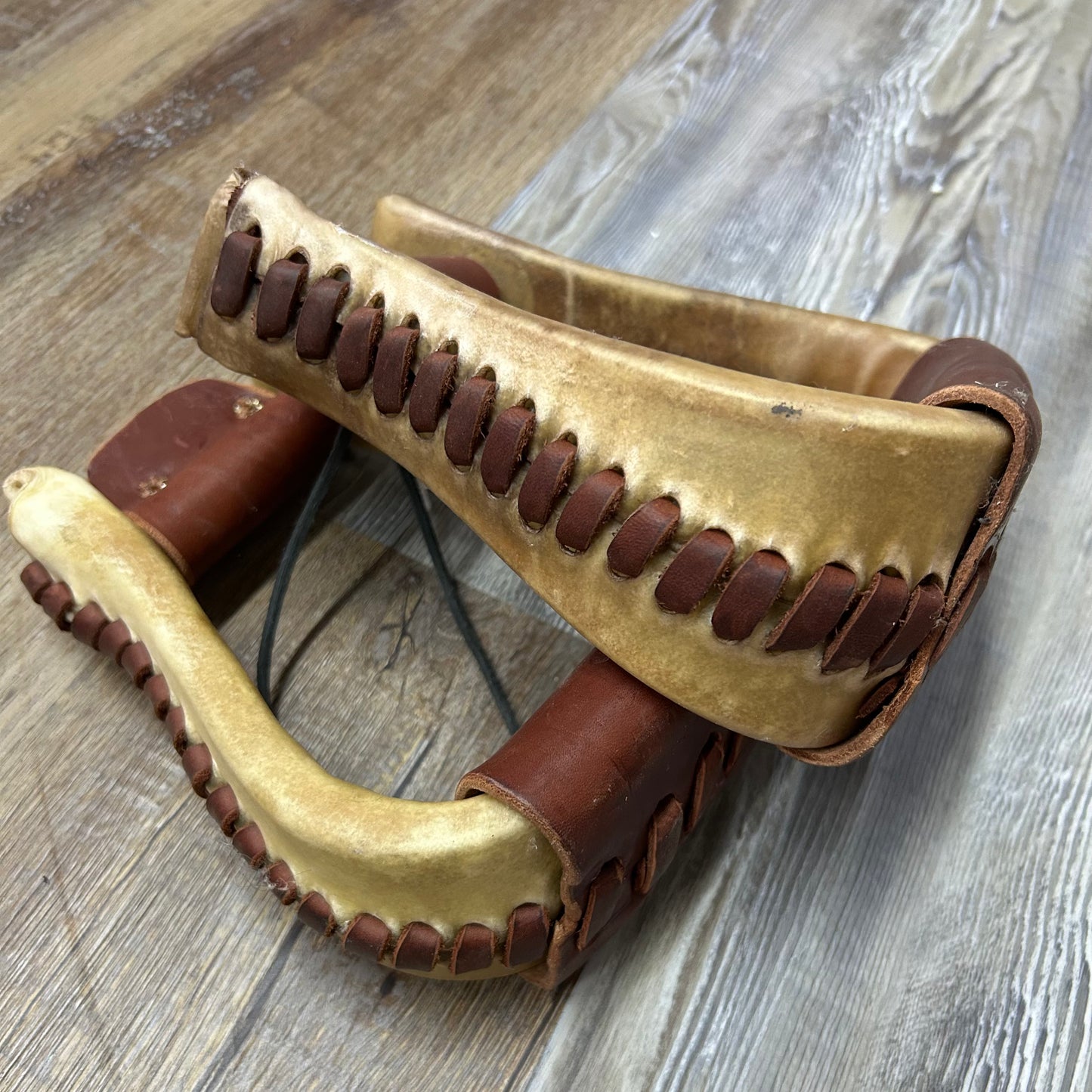 9” Tall Natural Rawhide & Leather Western Stirrups With Bolt Wear Leather