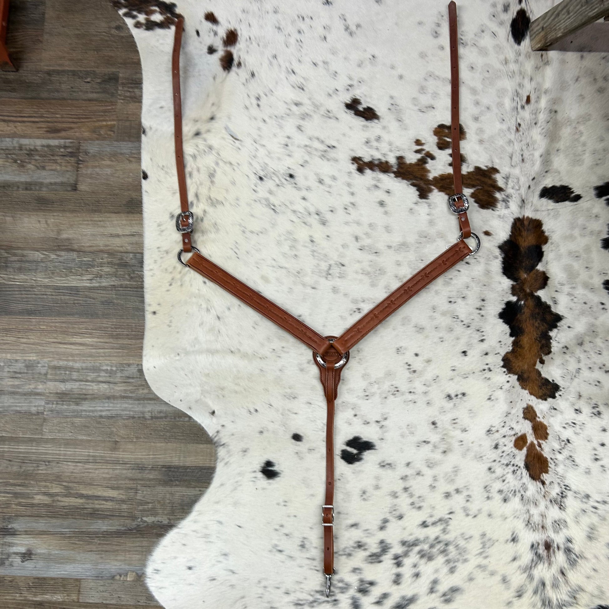 Schwartz Leather Barbed Wire Tooled Straight Breast Collar - Light Brown W/ Silver Hardware