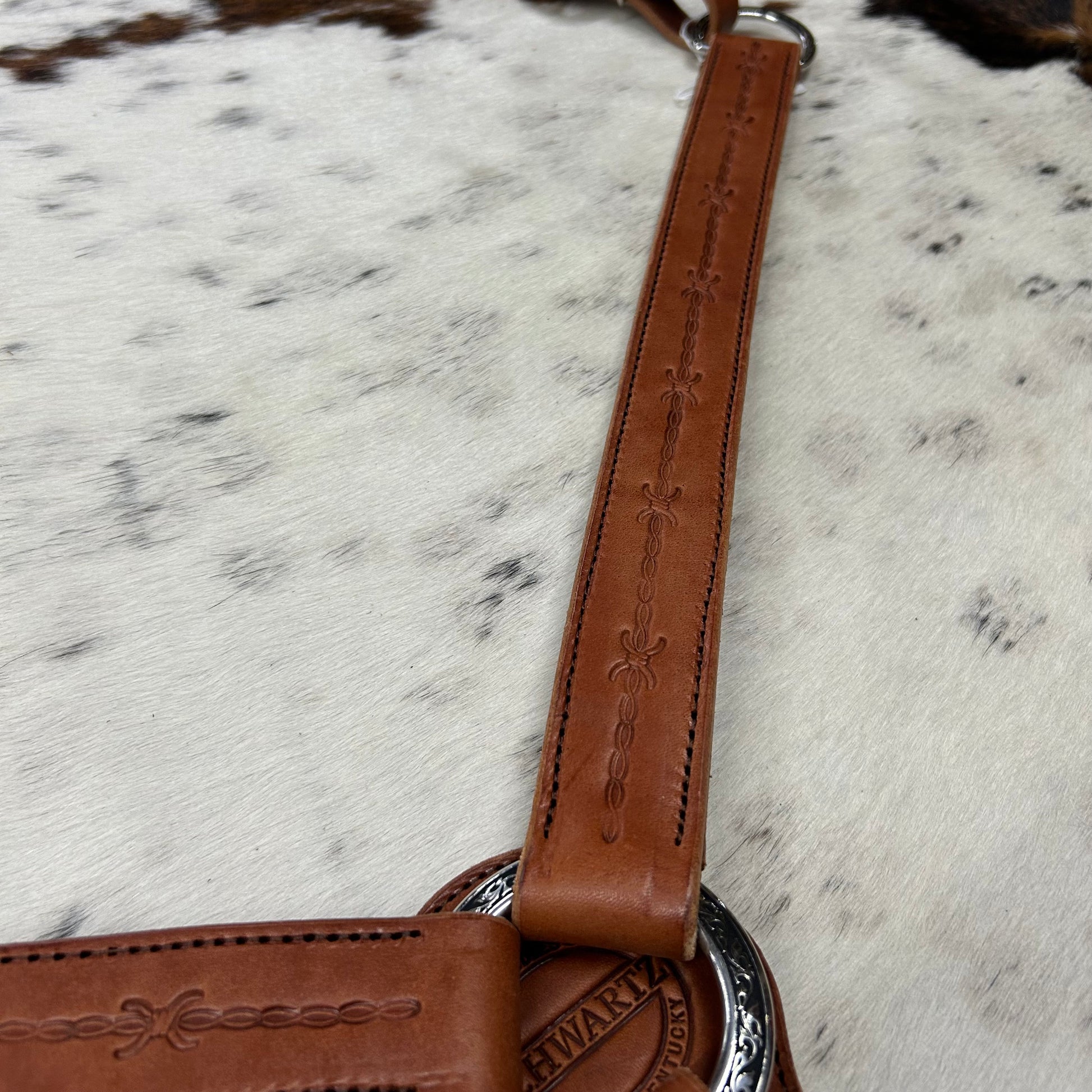 Schwartz Leather Barbed Wire Tooled Straight Breast Collar - Light Brown W/ Silver Hardware