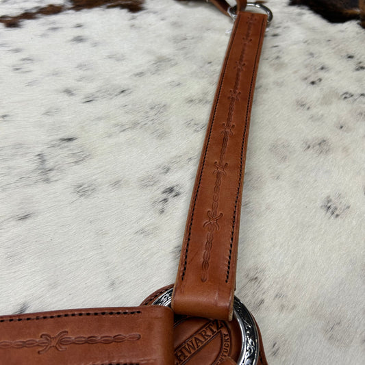 Schwartz Leather Barbed Wire Tooled Straight Breast Collar - Light Brown W/ Silver Hardware