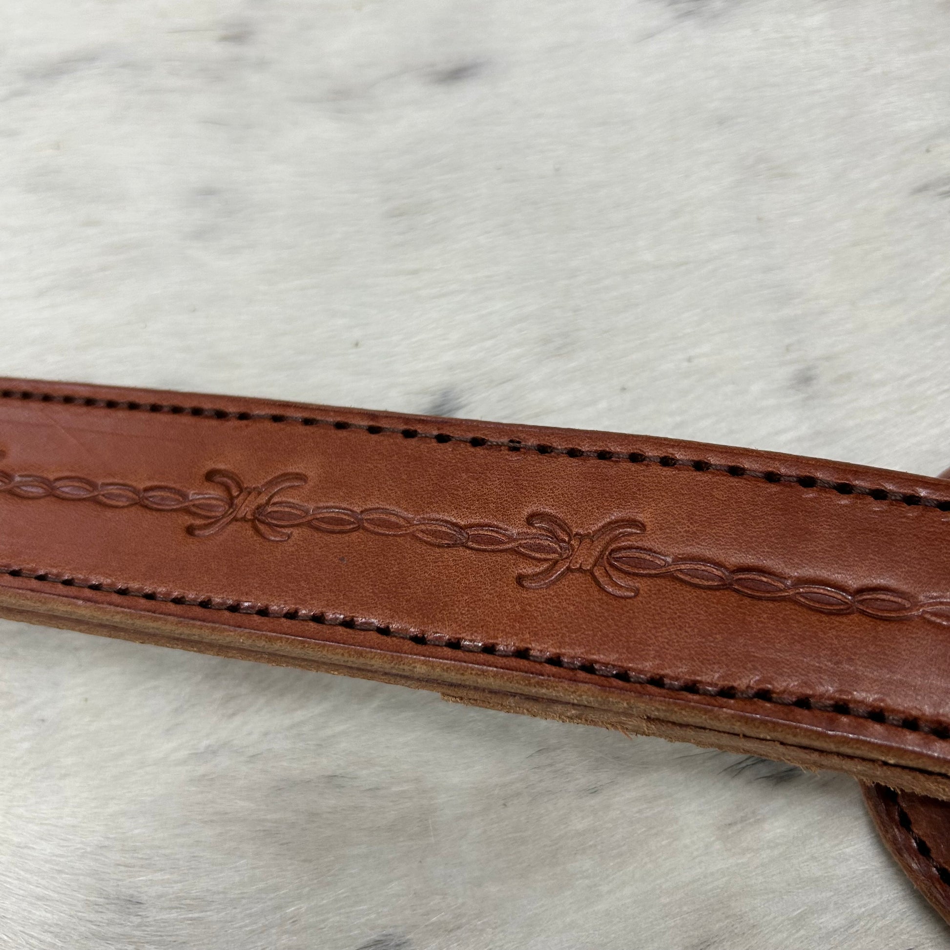 Schwartz Leather Barbed Wire Tooled Straight Breast Collar - Light Brown W/ Silver Hardware