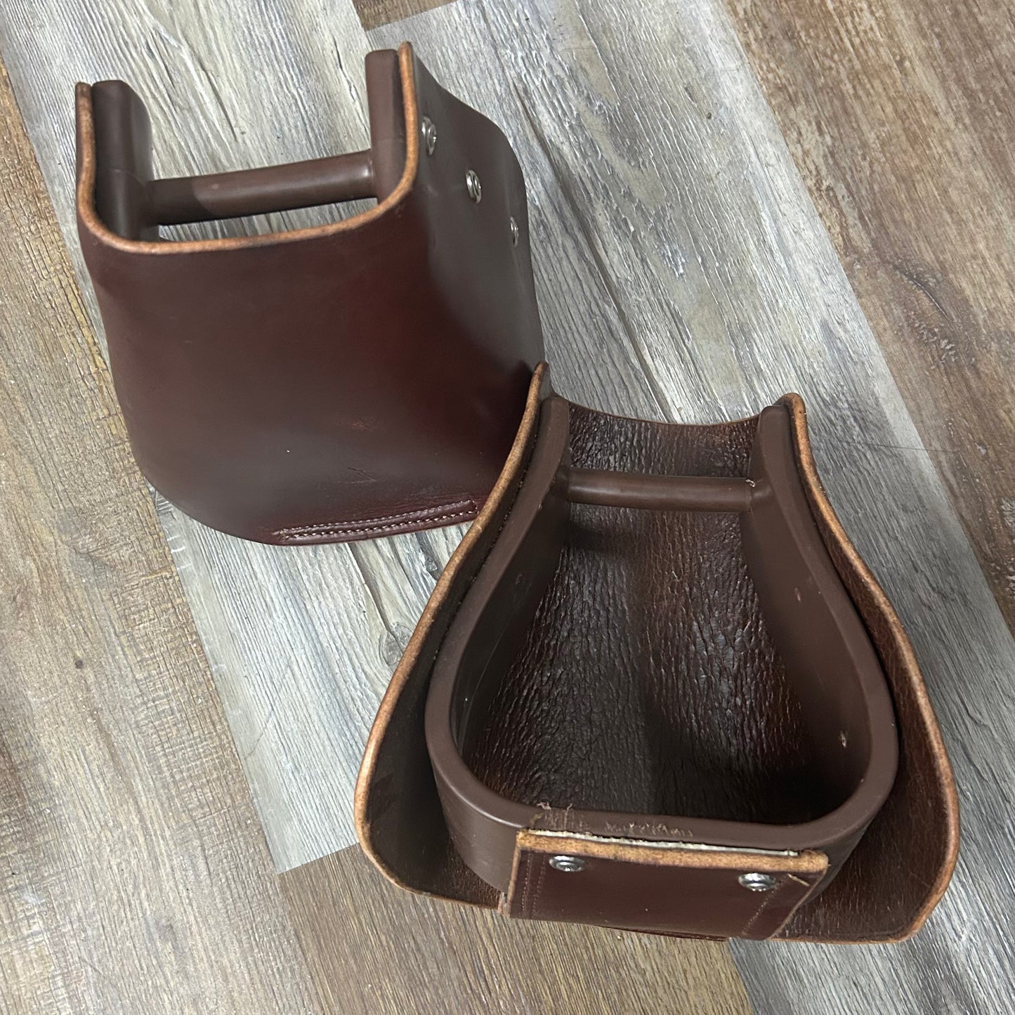 Classic Burgundy Brown Leather Wrapped Western Covered Tapaderos Plastic Stirrups
