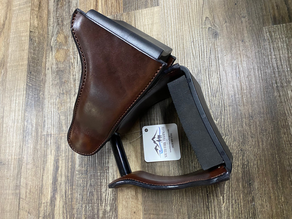 Amish Made Brown Leather Endurance Western Wide DELUXE Trail Stirrups Various Widths at Neck Attachment