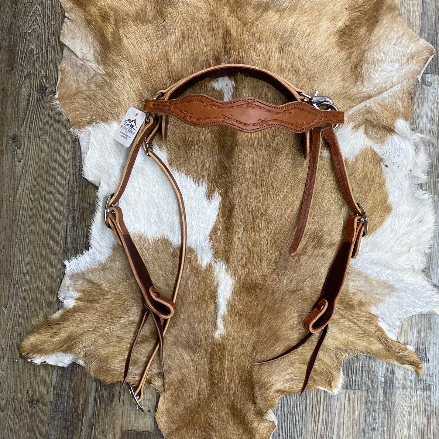 Leather Tooled Barbed Wire Mule Headstall - Brown