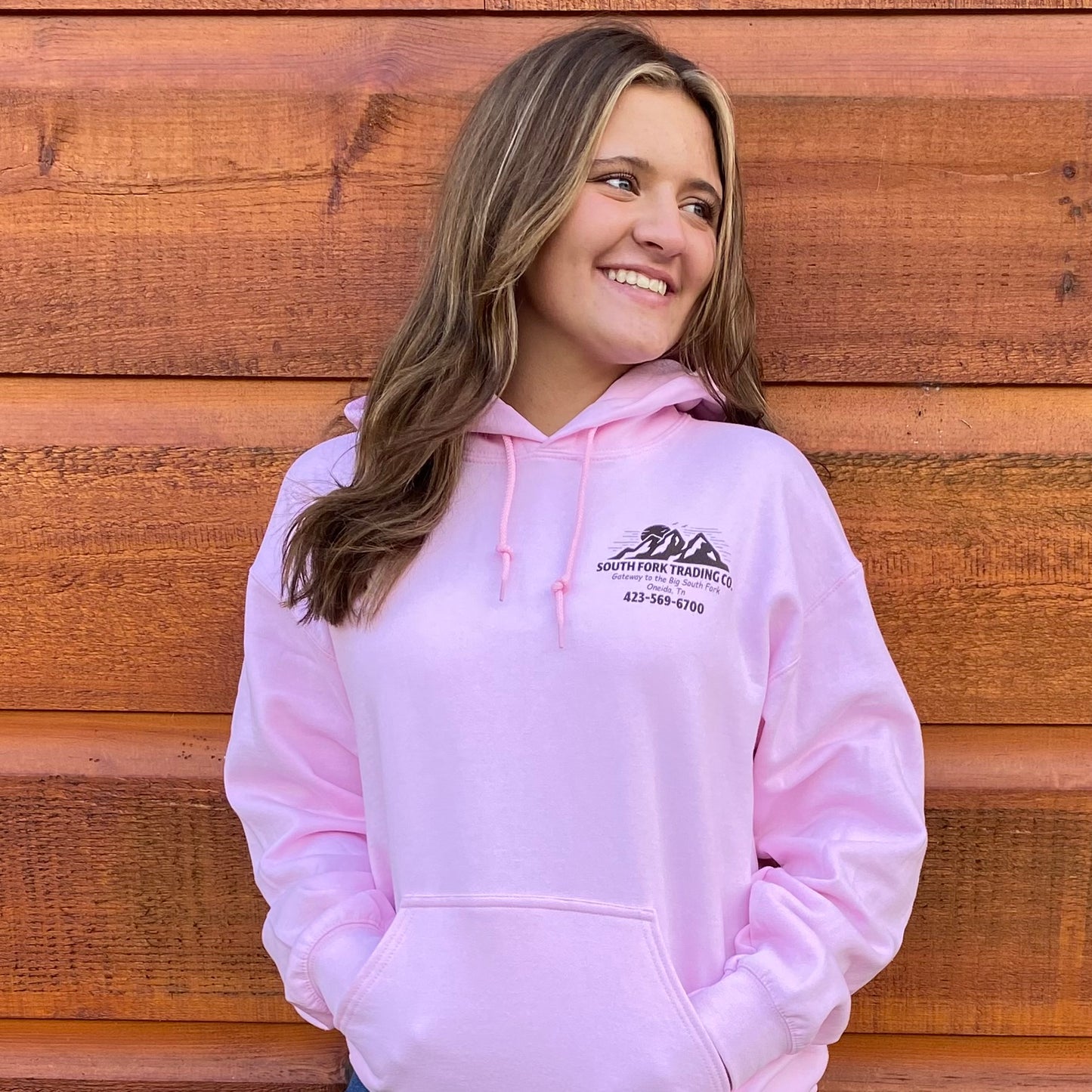 New Powder Pink & Brown Hoodie South Fork Trading Co - Adult Unisex Hoodie w/ Detailed Sleeve