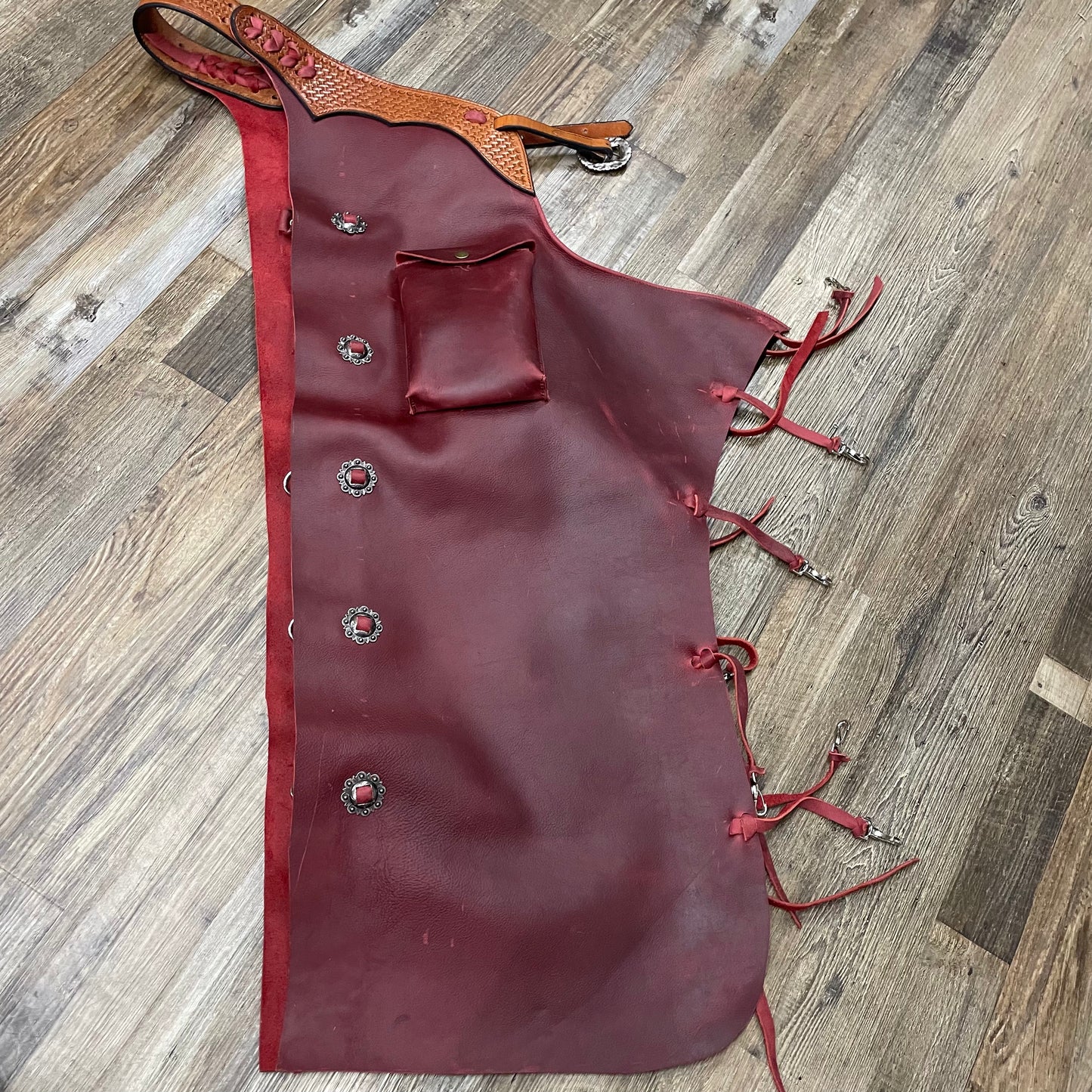 RED Amish Custom Leather Tooled Basketweave Fire Red Chaps w/ Exterior Pocket & Antique Silver Conchos