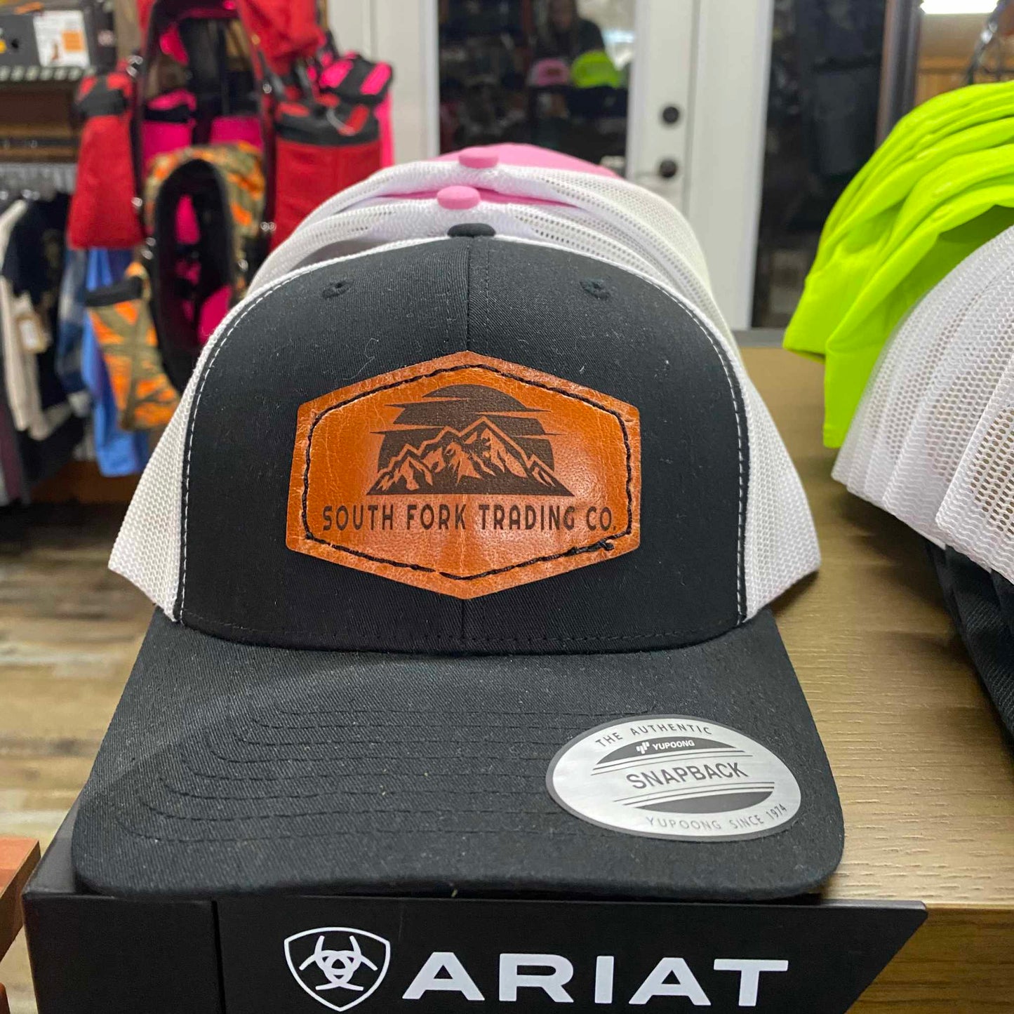 South Fork Trading Co. Leather Patch Snapback Hat Black& White