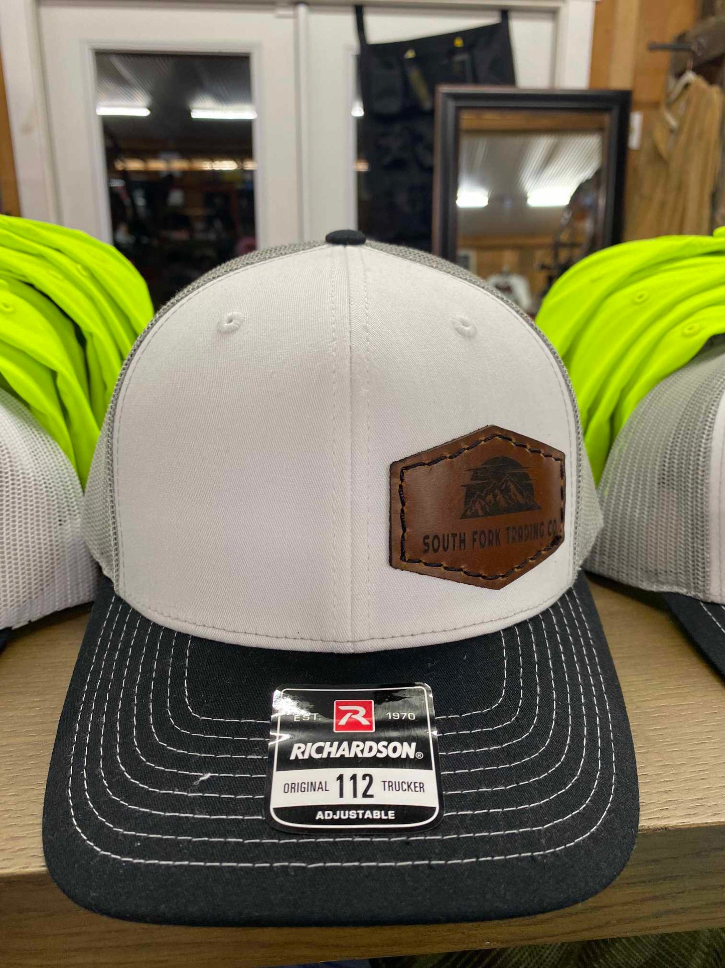 South Fork Trading Co. Leather Side Patch Trucker Hat Black and White