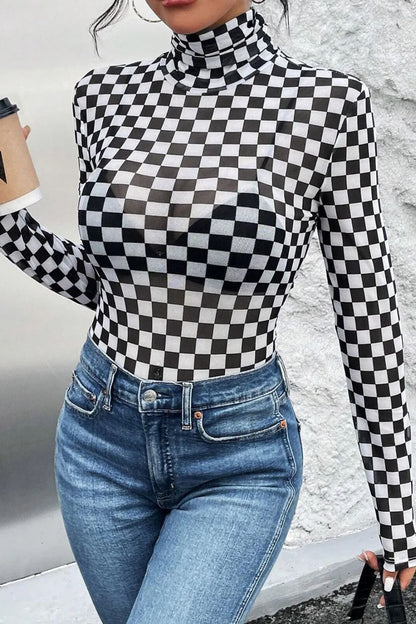 Race Me Baby Checkered Turtleneck Long Sleeve Bodysuit