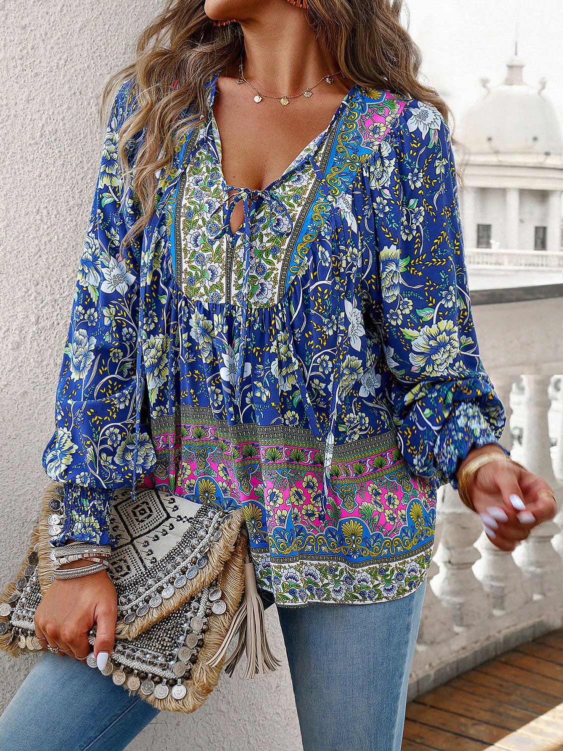 The Devine Bohemian Tie Neck Lantern Sleeve Blouse