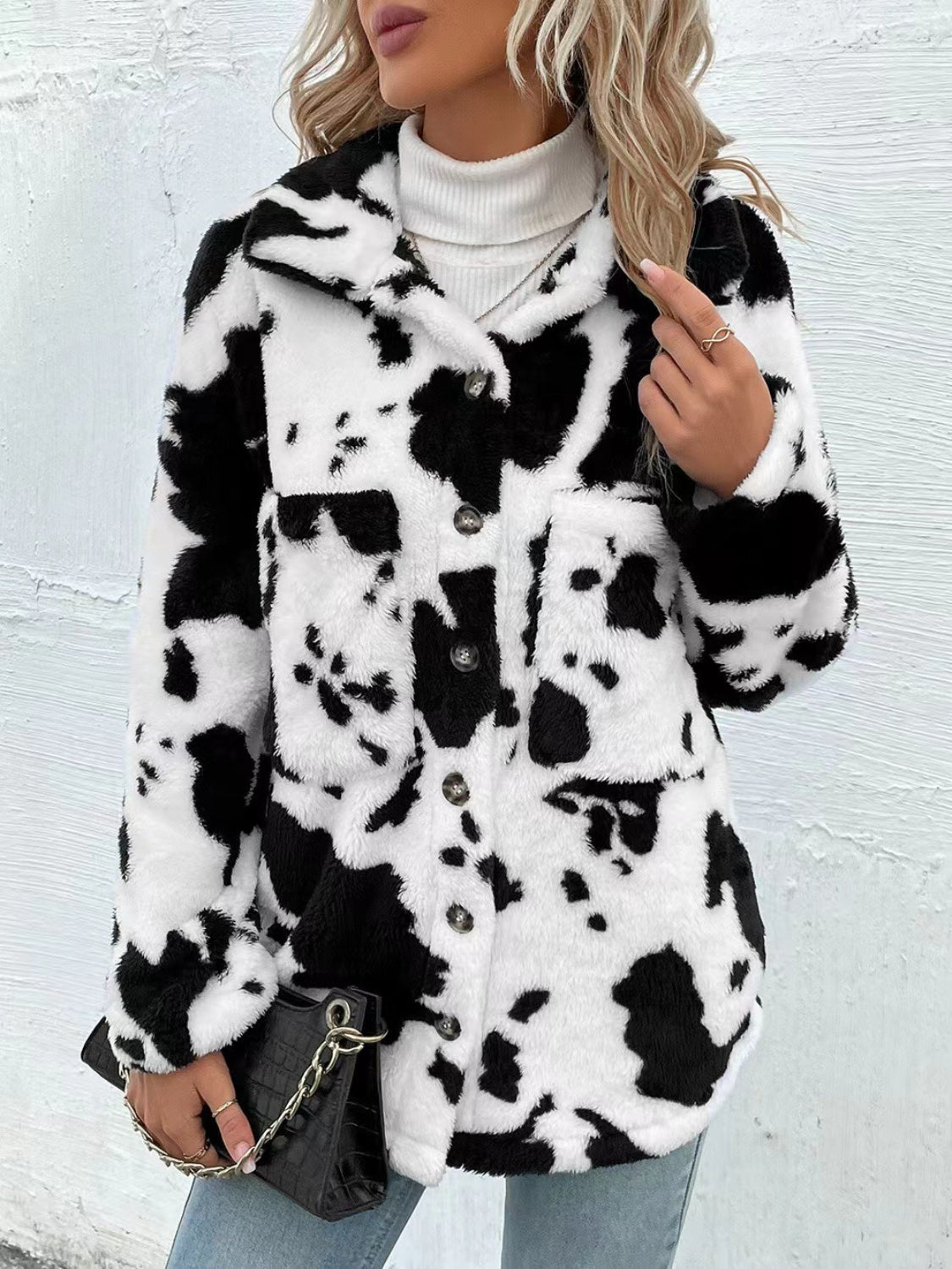 Moody Gurl Cow Print Collared Neck Button Up Fuzzy Jacket