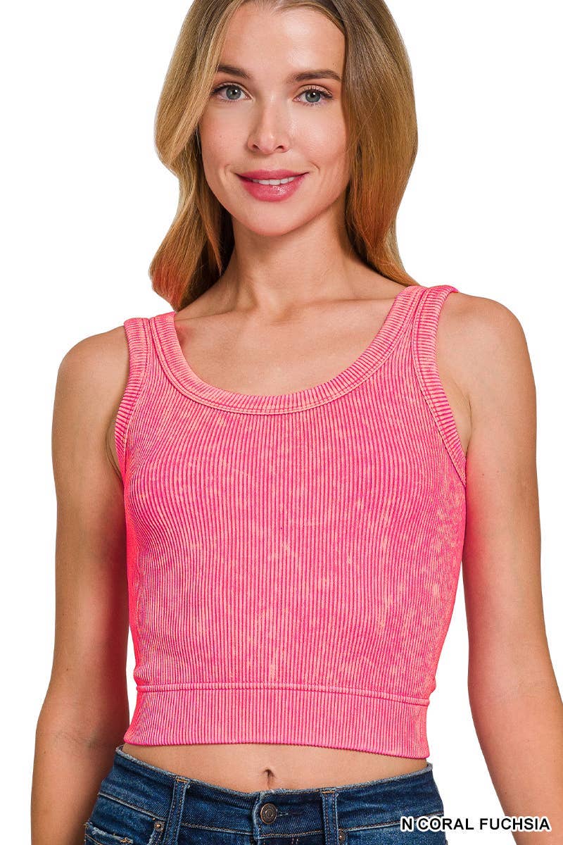 Washed Ribbed Cropped Seamless Scoop Neck Tank Top: DEEP CAMEL