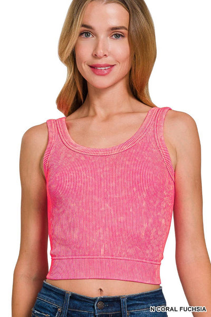 Washed Ribbed Cropped Seamless Scoop Neck Tank Top: DEEP CAMEL