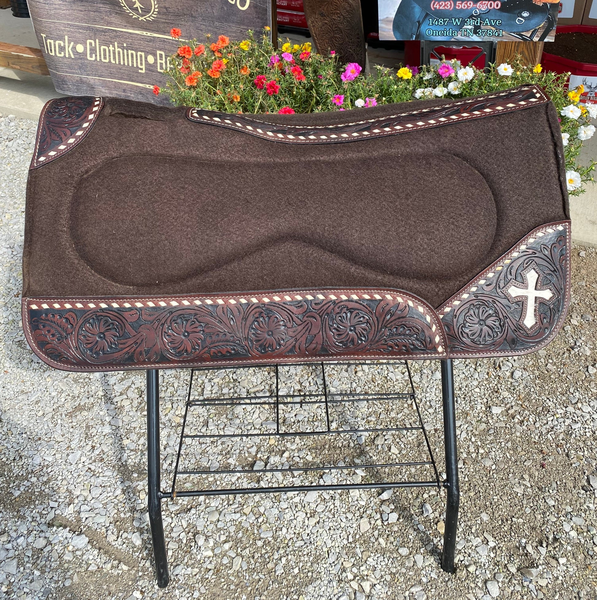 31 x 29 ALL PURPOSE SADDLE PAD 1inch Thick Tan w/ Floral Tooled Leather, White Stitching, & Cowhide Cross Design Pre-Loved