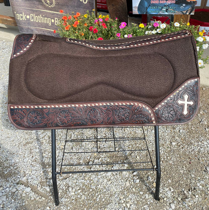 31 x 29 ALL PURPOSE SADDLE PAD 1inch Thick Tan w/ Floral Tooled Leather, White Stitching, & Cowhide Cross Design Pre-Loved