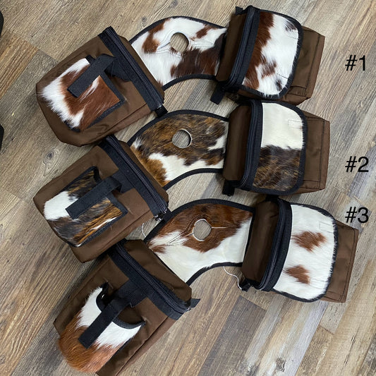 COWHIDE Amish Made Chocolate Brown Saddle Horn Bags w/ Drink Holder