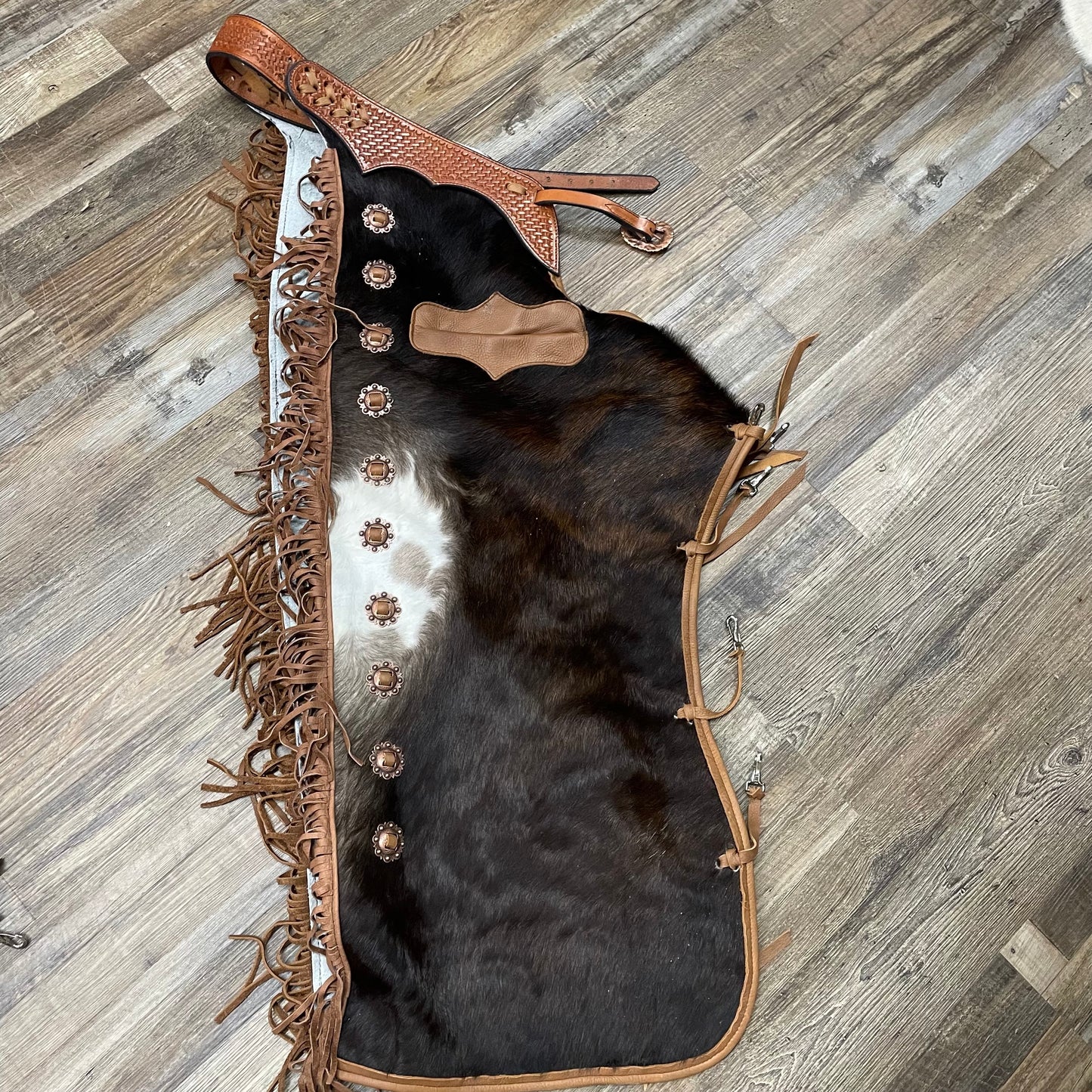 Chinks Amish Custom Cowhide & Brown Leather Tooled Basketweave w/ Fringe & Antique Copper Conchos