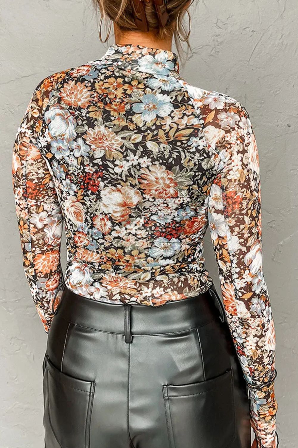 Elegance Floral Mock Neck Long Sleeve Top