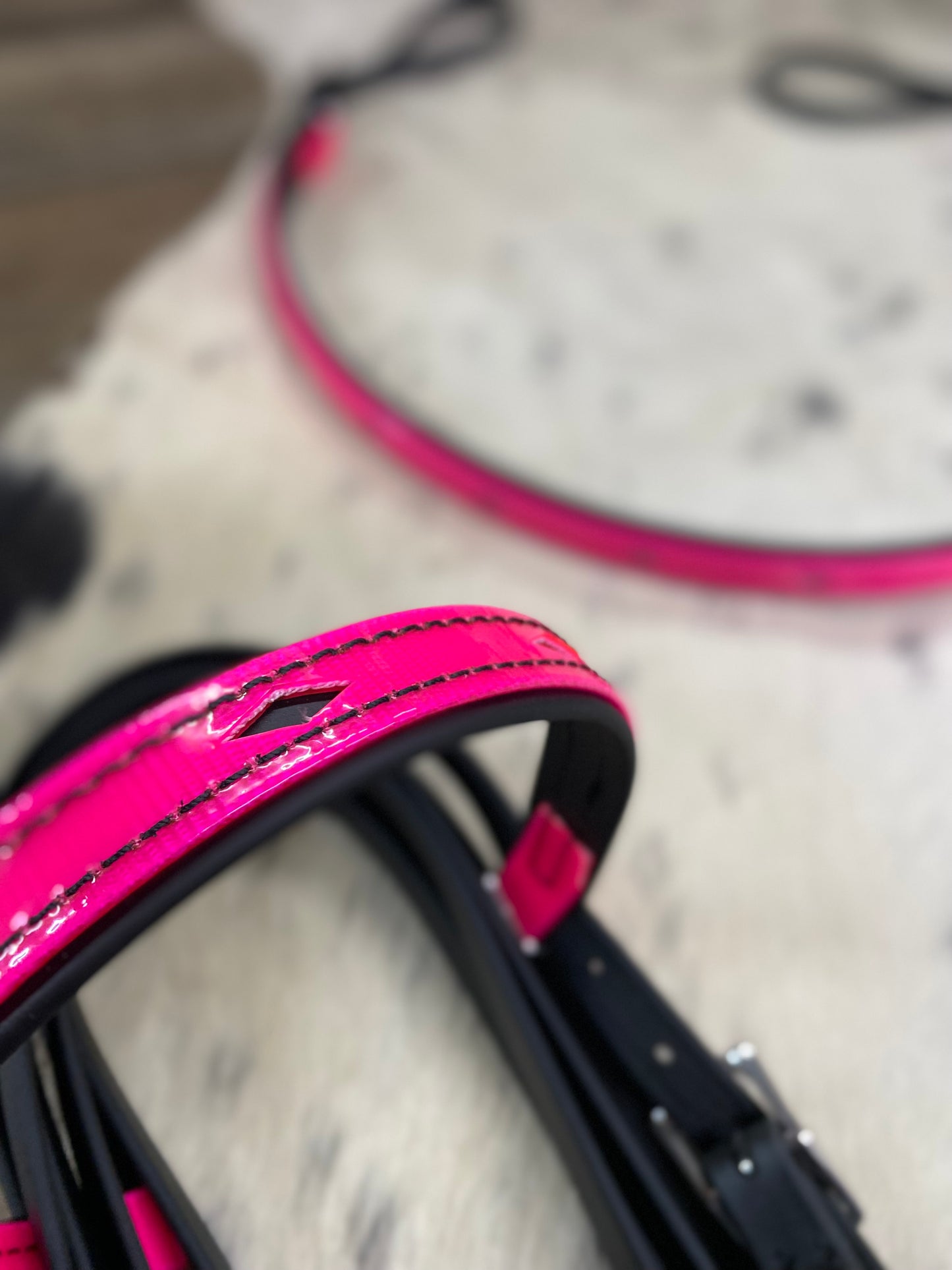 Biothane Black & Neon Pink Diamond Inlay Bridle w/ Matching Strait Breast Collar & Reins