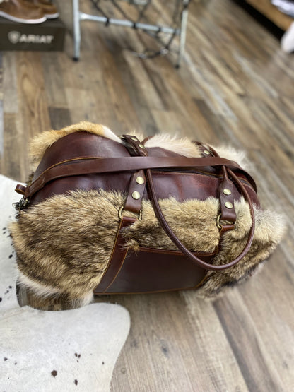 Amish Crafted “Genuine Coyotes Fur” Rectangular Shaped Leather  Large Duffle Bag