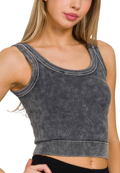Washed Ribbed Cropped Seamless Scoop Neck Tank Top: DEEP CAMEL