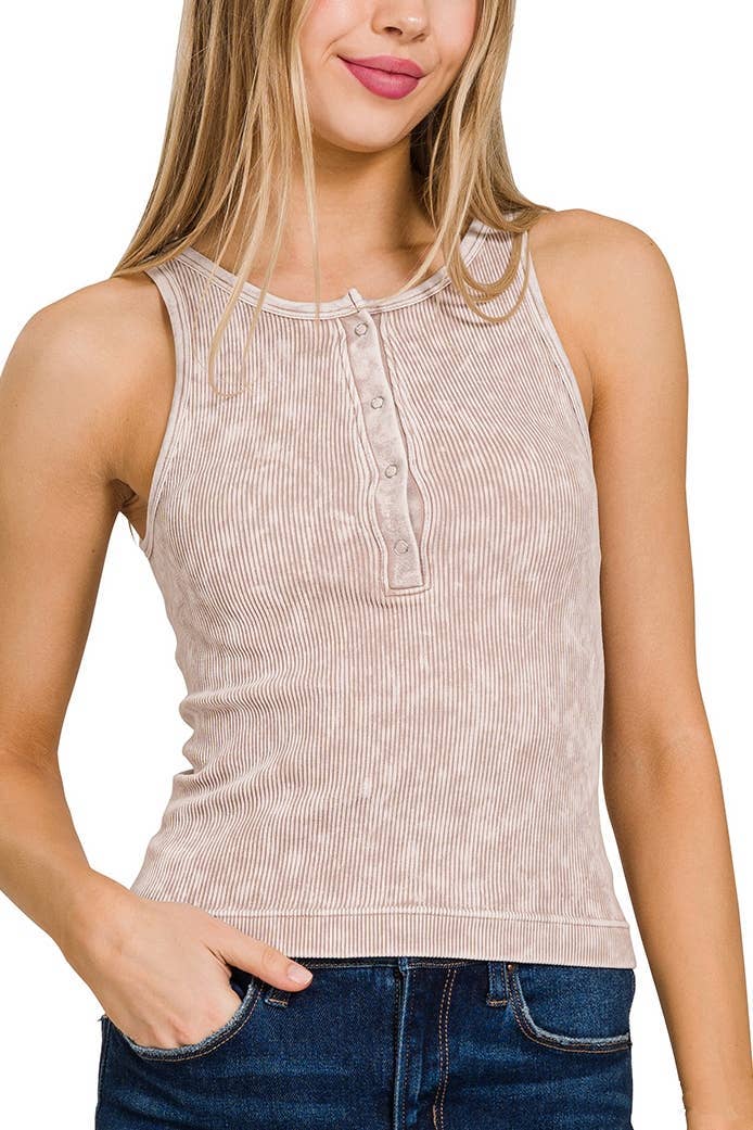 Washed Ribbed Button -up Tank Top: DEEP SKY