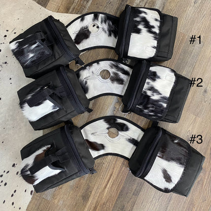 COWHIDE Amish Made Saddle Horn Bags w/ Black Base & Drink Holder