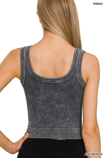 Washed Ribbed Cropped Seamless Scoop Neck Tank Top: DEEP CAMEL