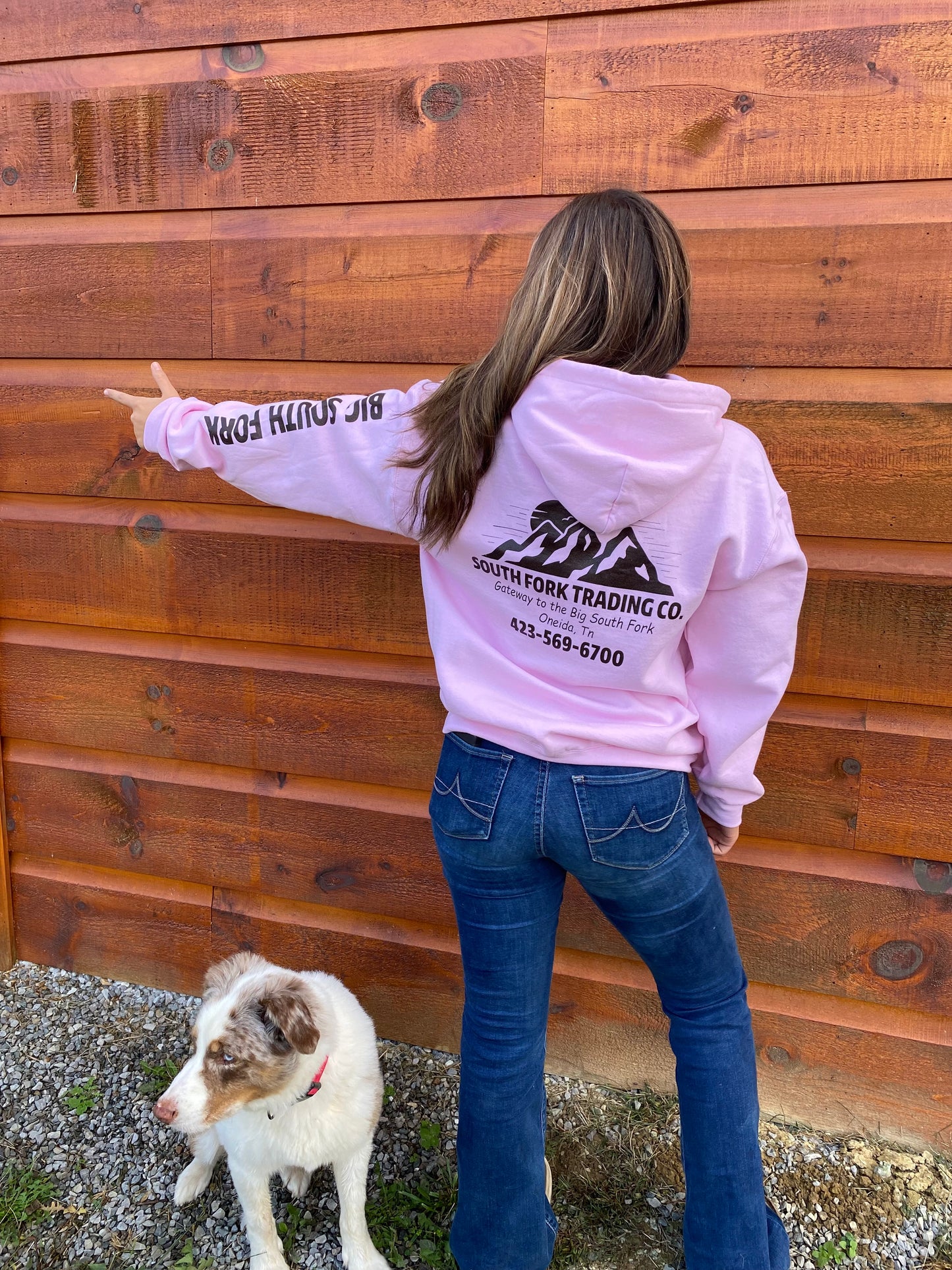 New Powder Pink & Brown Hoodie South Fork Trading Co - Adult Unisex Hoodie w/ Detailed Sleeve