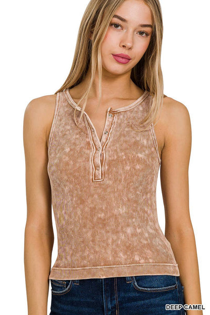 Washed Ribbed Button -up Tank Top: DEEP SKY