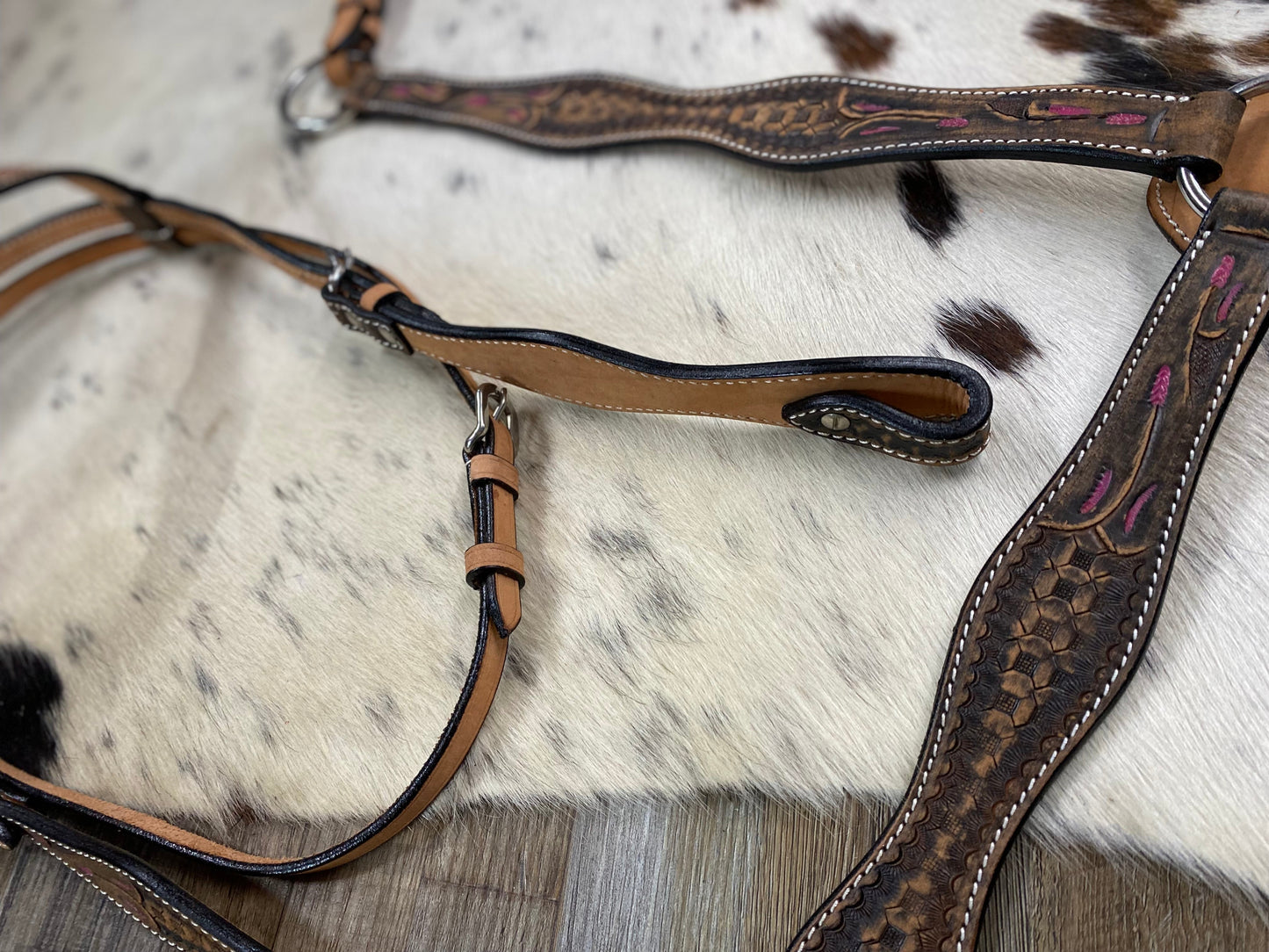 Houston Herd Brown Tooled Leather Straight Bridle & Matching Breast Collar W/ Silver Stainless Steel Hardware w/ Pink Detail