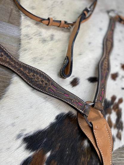 Houston Herd Brown Tooled Leather Straight Bridle & Matching Breast Collar W/ Silver Stainless Steel Hardware w/ Pink Detail